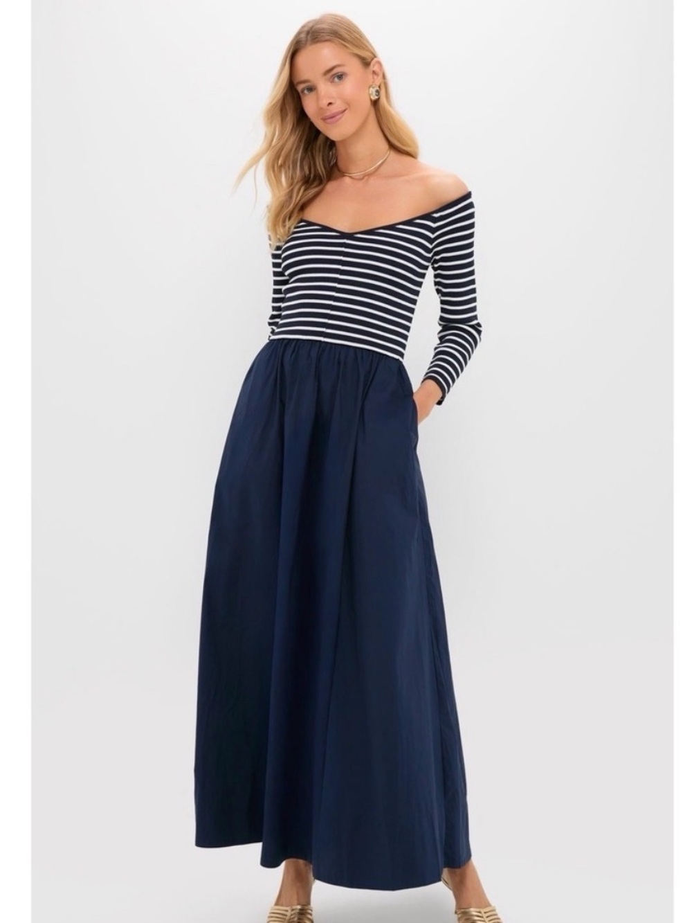 Tuckernuck Clea Maxi Dress XXLNavy Stripe Off Shoulder Stripe Yacht Nautical NWT